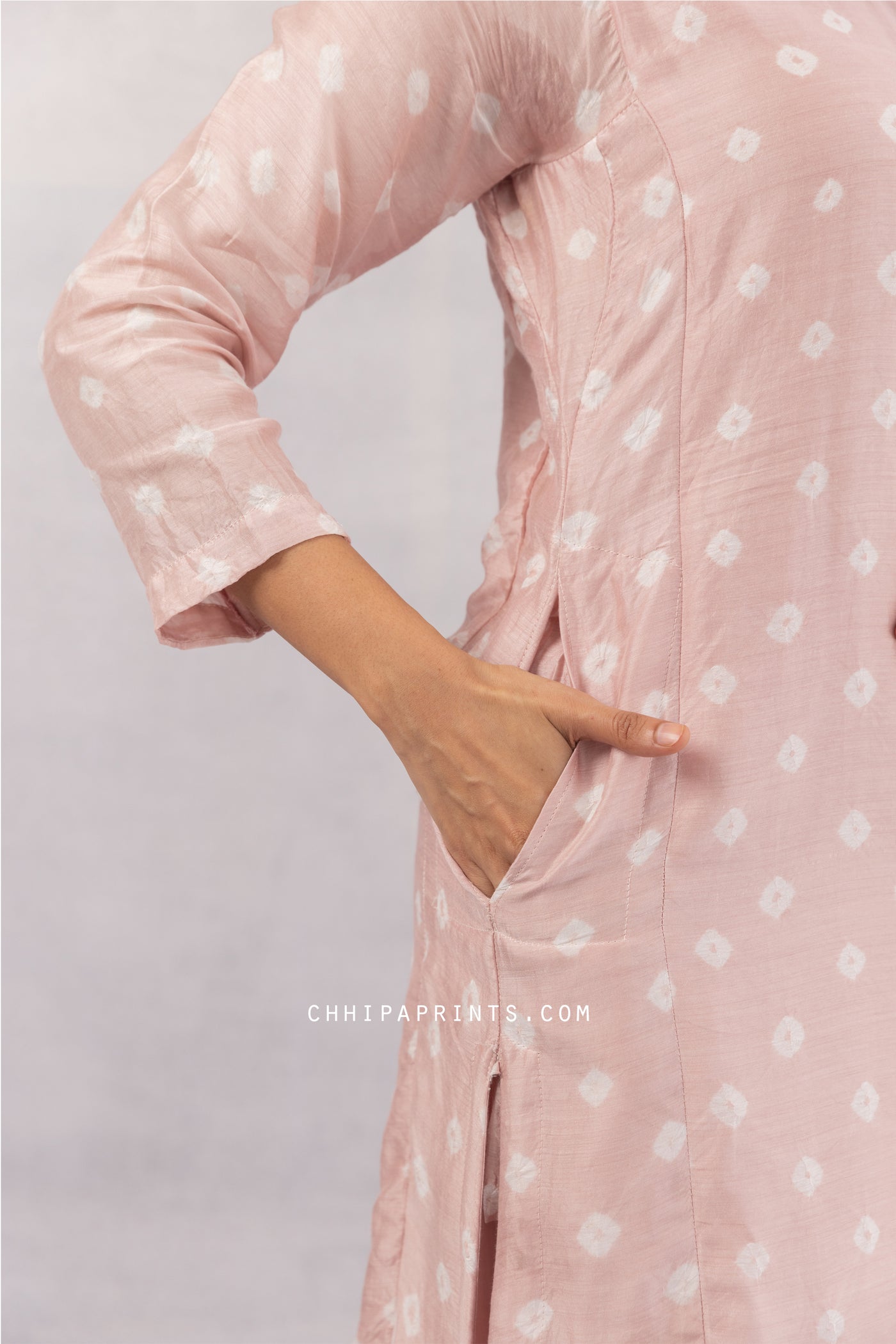 COTTON SILK BANDHANI KURTA SET IN ROSE QUARTZ