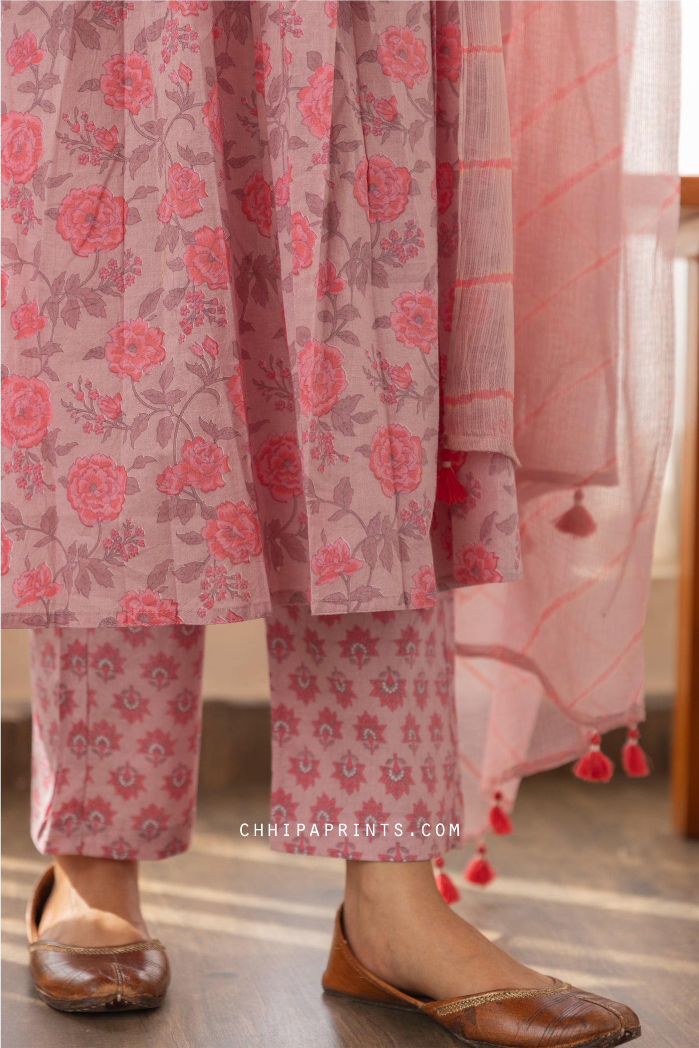 Cotton Lotus Jaal Shell Tuck Kurta Set in Shades of Pale Mauve & Pink