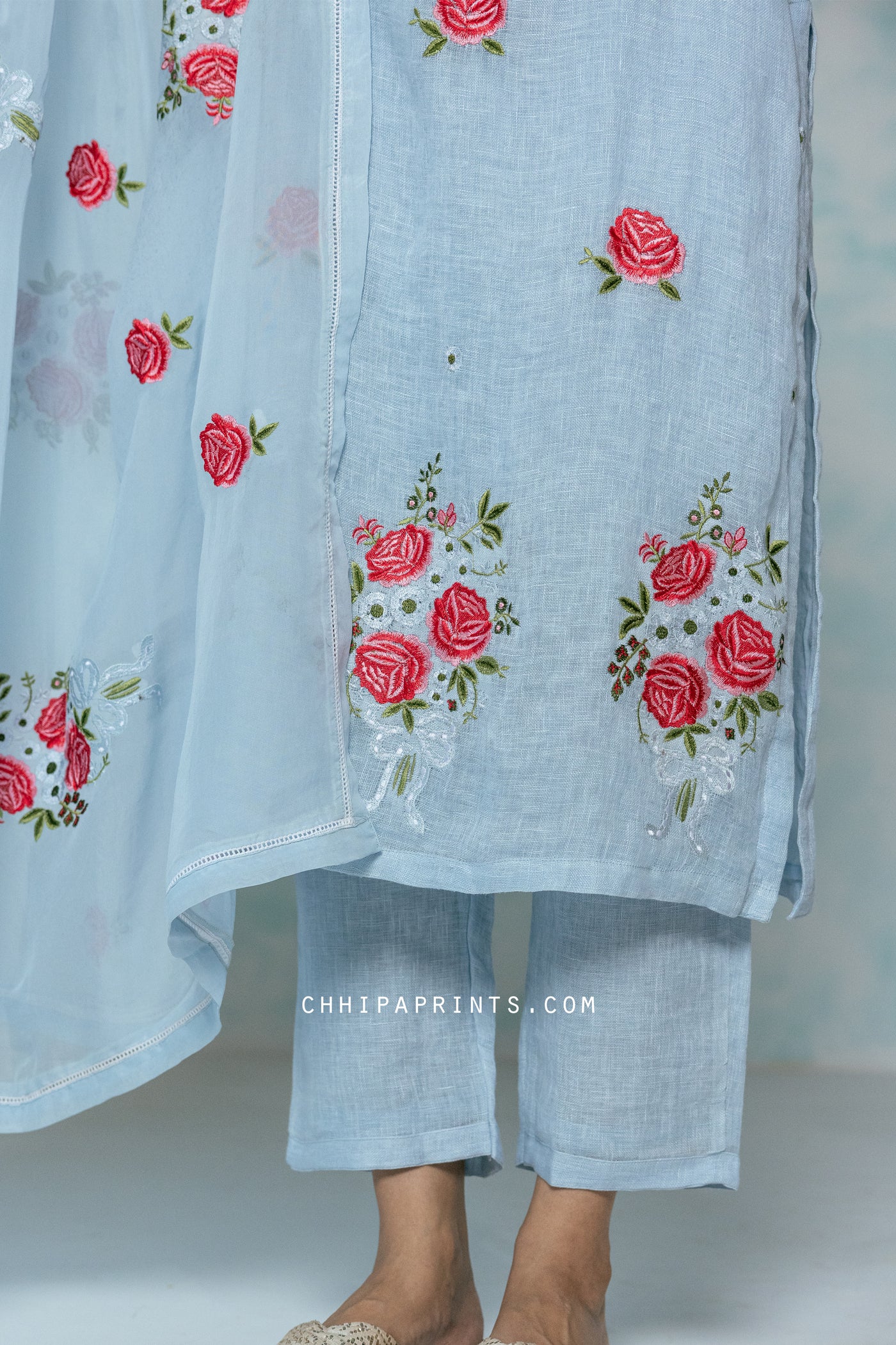 Linen Rose Buta Motif Embroidery Kurta Set in Powder Blue