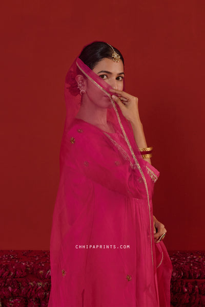 Chanderi Silk Paisley Embroidered Yoke Kurta Set in Hot Pink