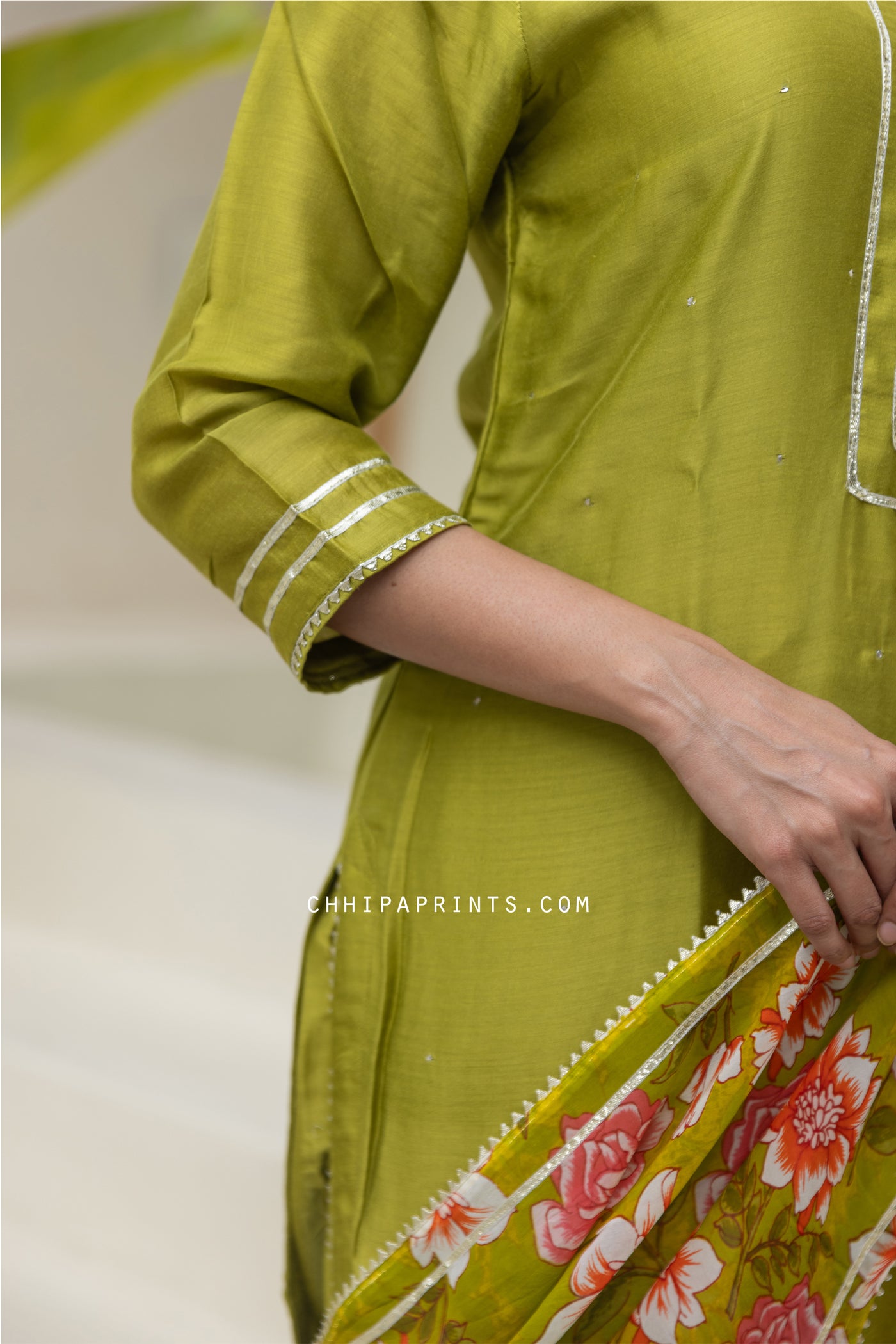 Cotton Silk Plain Dye Mukaish Work Kurta Set in Lime Green