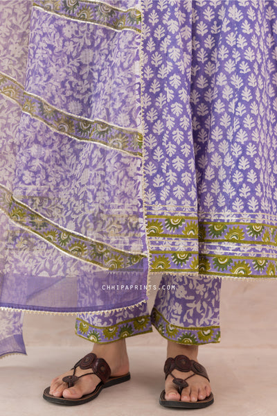 Cotton Block Print Gud Buti Anarkali Kurta Set in Lilac