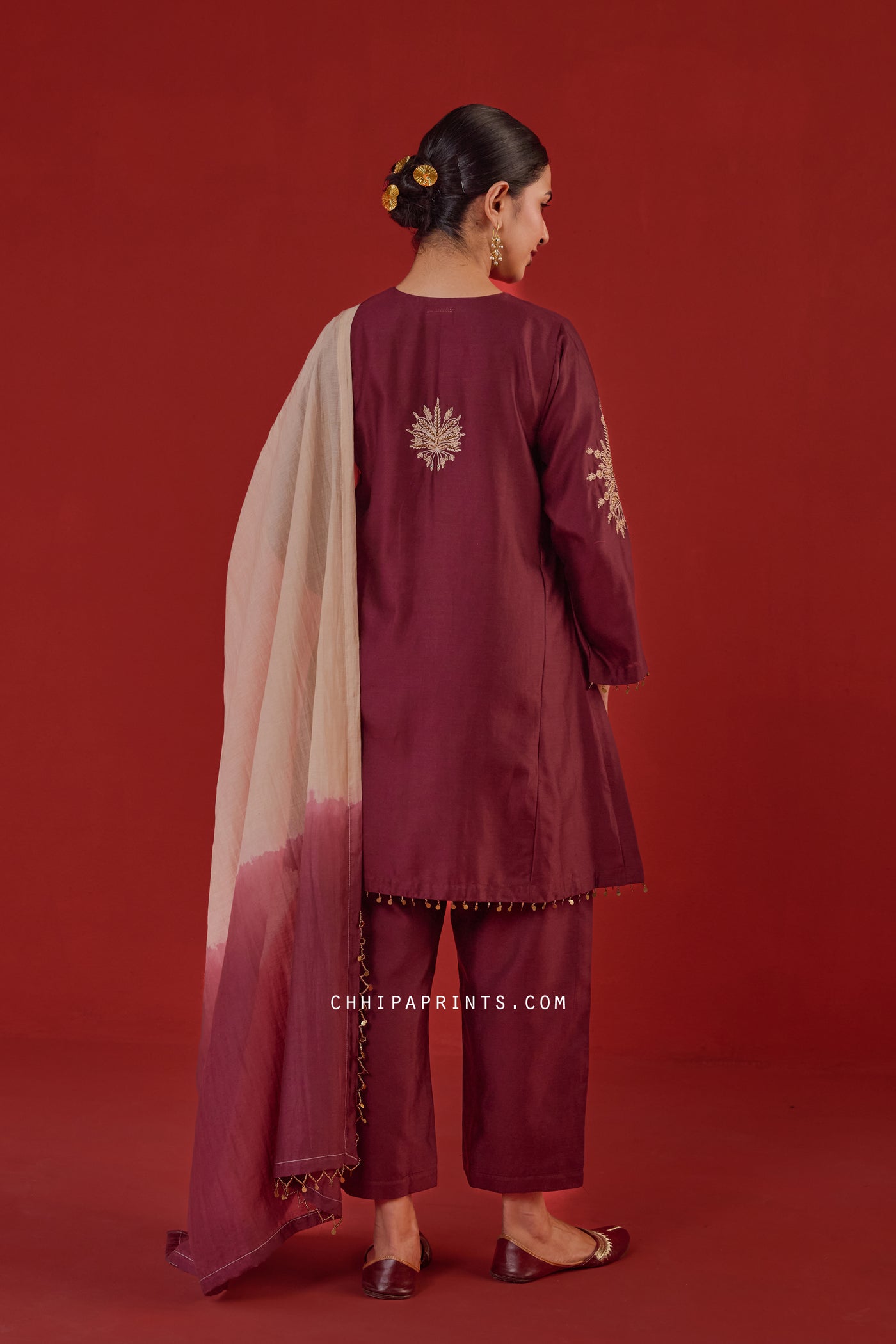 Chanderi Silk Hand Aari Embroidery Kurta Set in Burgundy