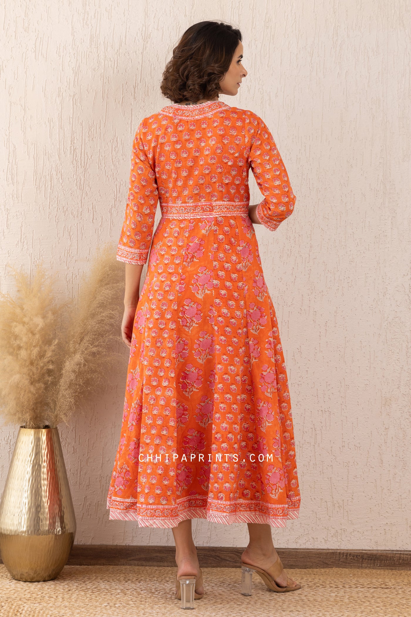 COTTON BLOCK PRINT ANARKALI MAXI DRESS IN VIBRANT ORANGE