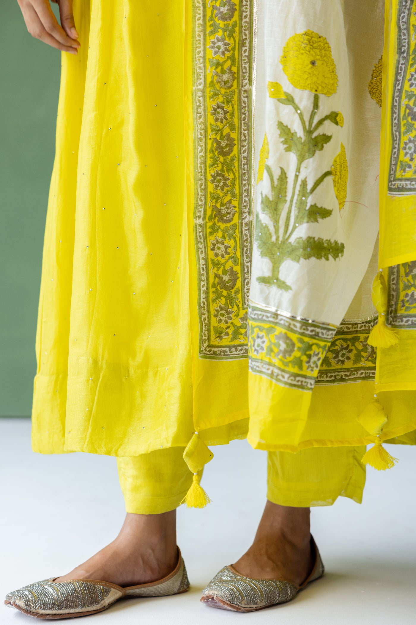 Chanderi Silk Plain Dye Gather Kurta Set in Solar Power Yellow