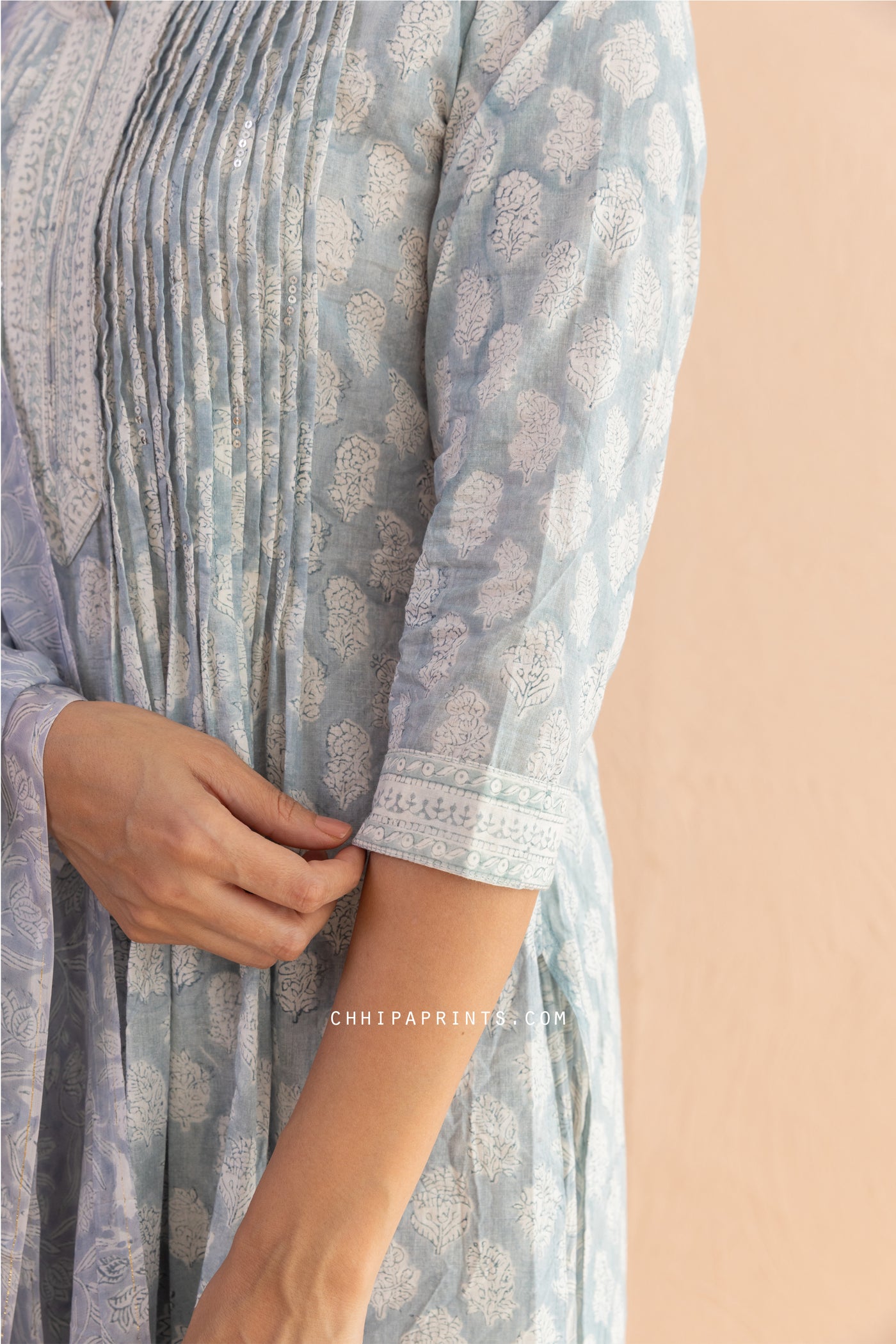 Cotton Block Print Shell Tuck Buti Kurta Set in Aqua Grey