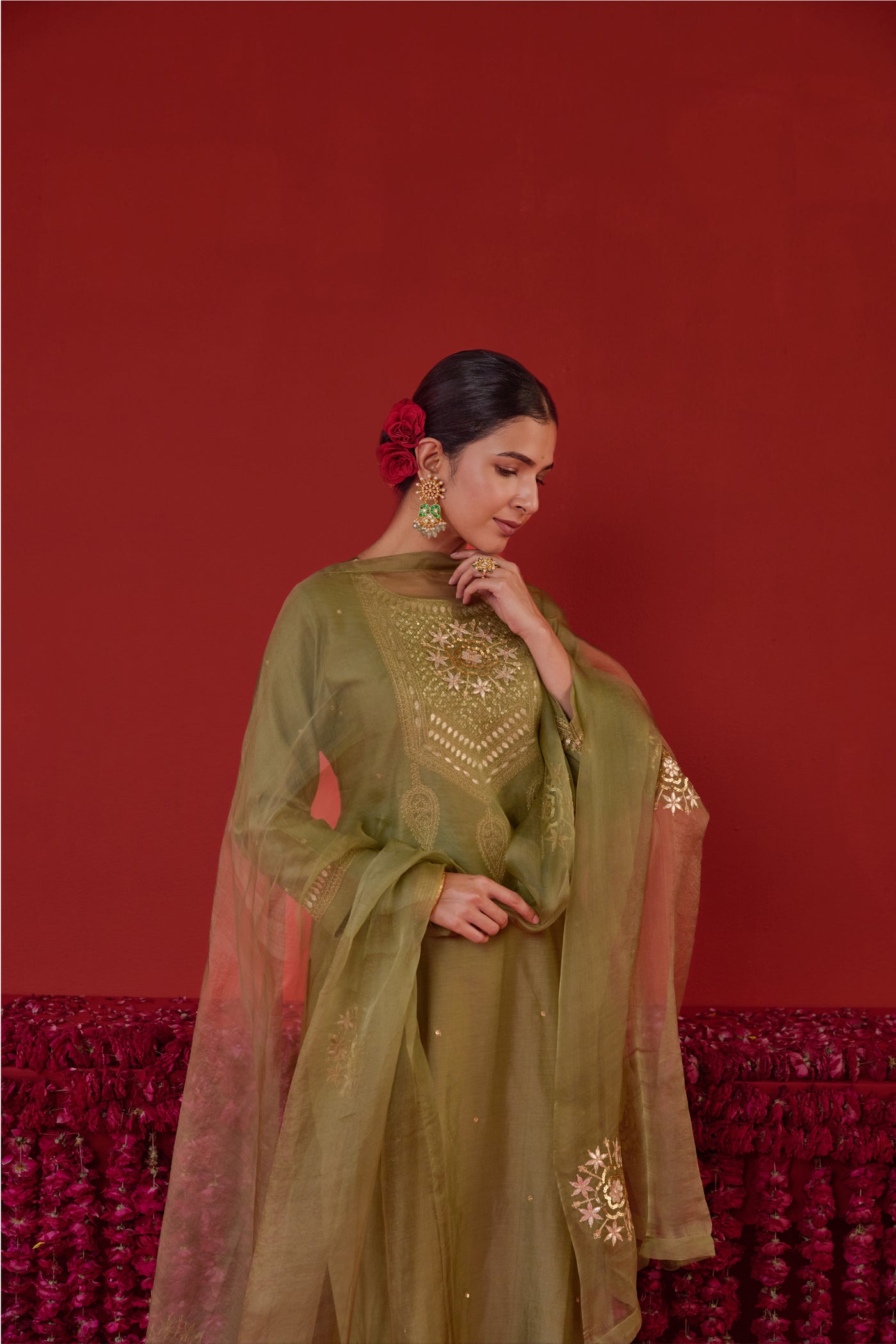 Chanderi Silk Aari Embroidery & Gota Patti Kurta Set in Sage Green