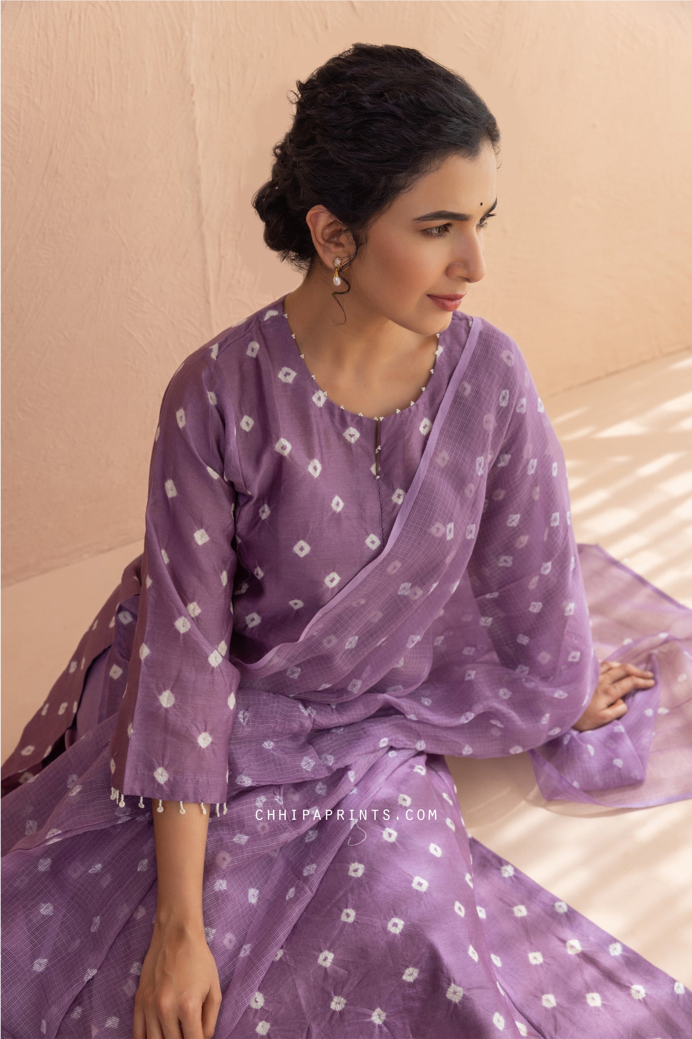 Chanderi Silk Bandhani Kurta Set in Purple Haze (Set of 4)