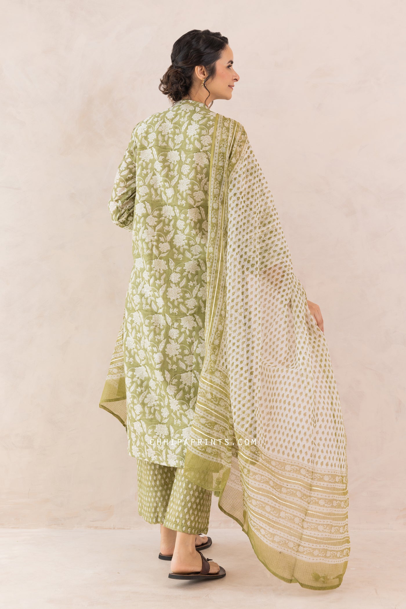 Chanderi Silk Block Print Jaal Kurta Set in Sage Green