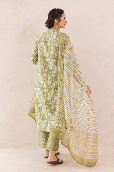 Chanderi Silk Block Print Jaal Kurta Set in Sage Green