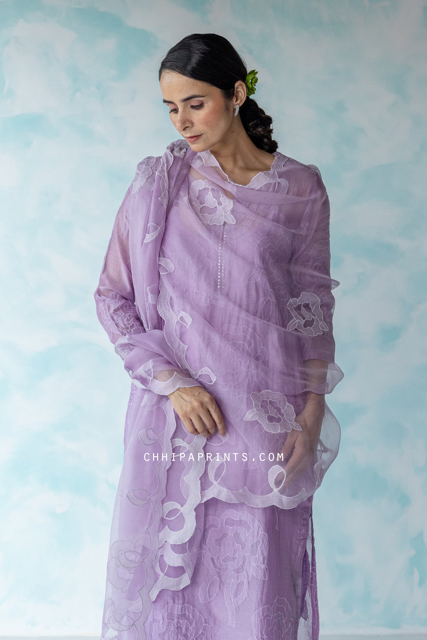 Chanderi Silk Lotus Applique Embroidery Kurta Set in Lilac (Set of 4)