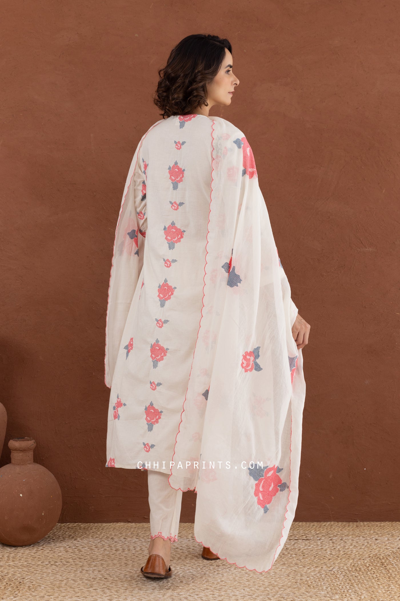 Cotton Rose Flower Embroidery Kurta Set in Shades of Ivory & Pink