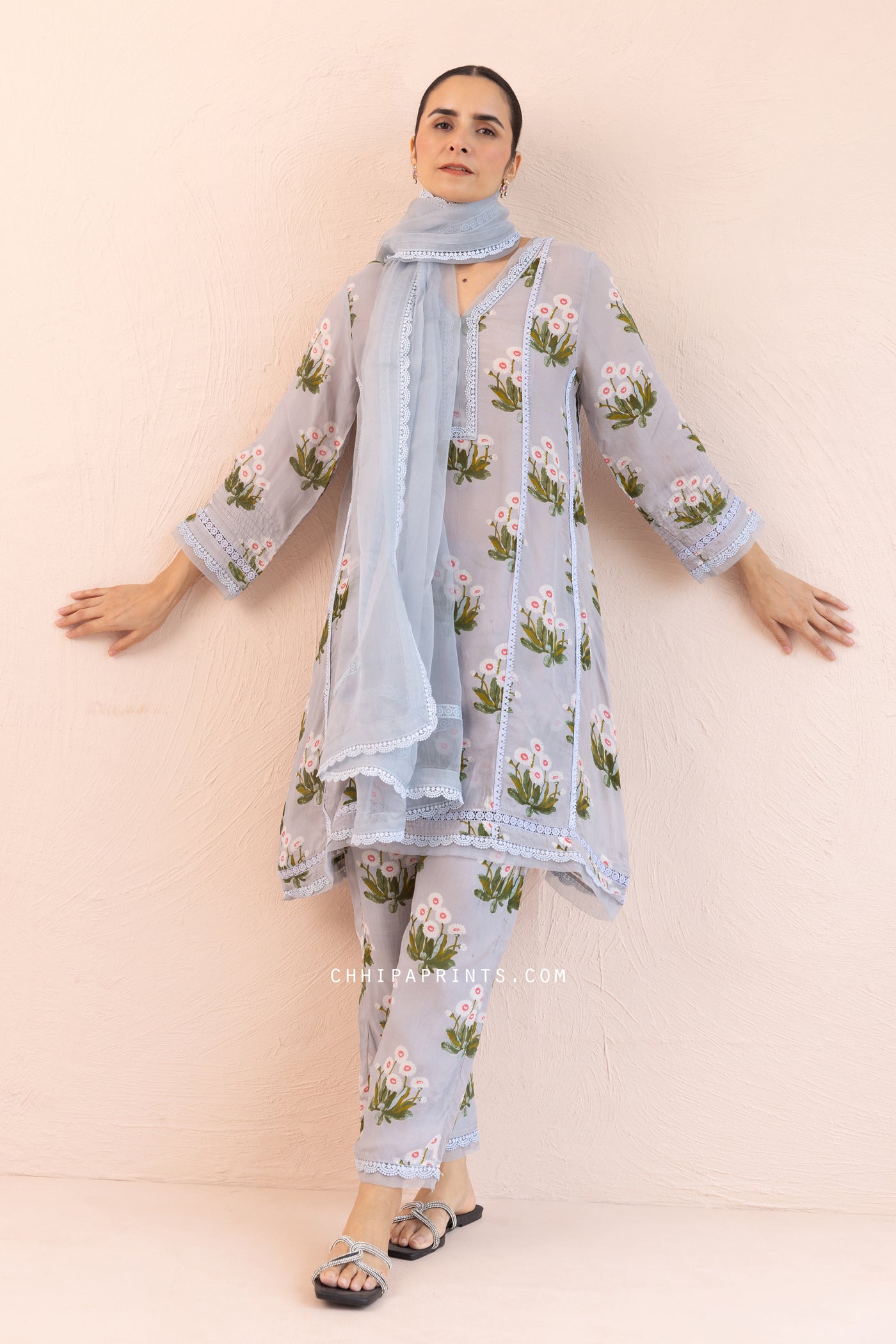 Organza Satin Printed Buta A line Kurta Set in Baby Blue