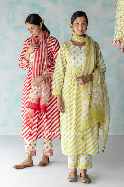 Cotton Hand Block Stripes Print Kurta Set in Lime Green