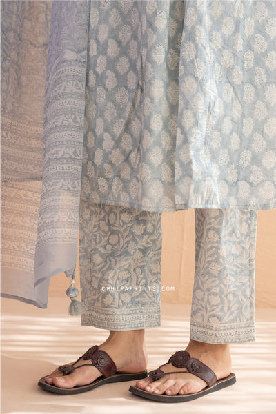 Cotton Block Print Shell Tuck Buti Kurta Set in Aqua Grey