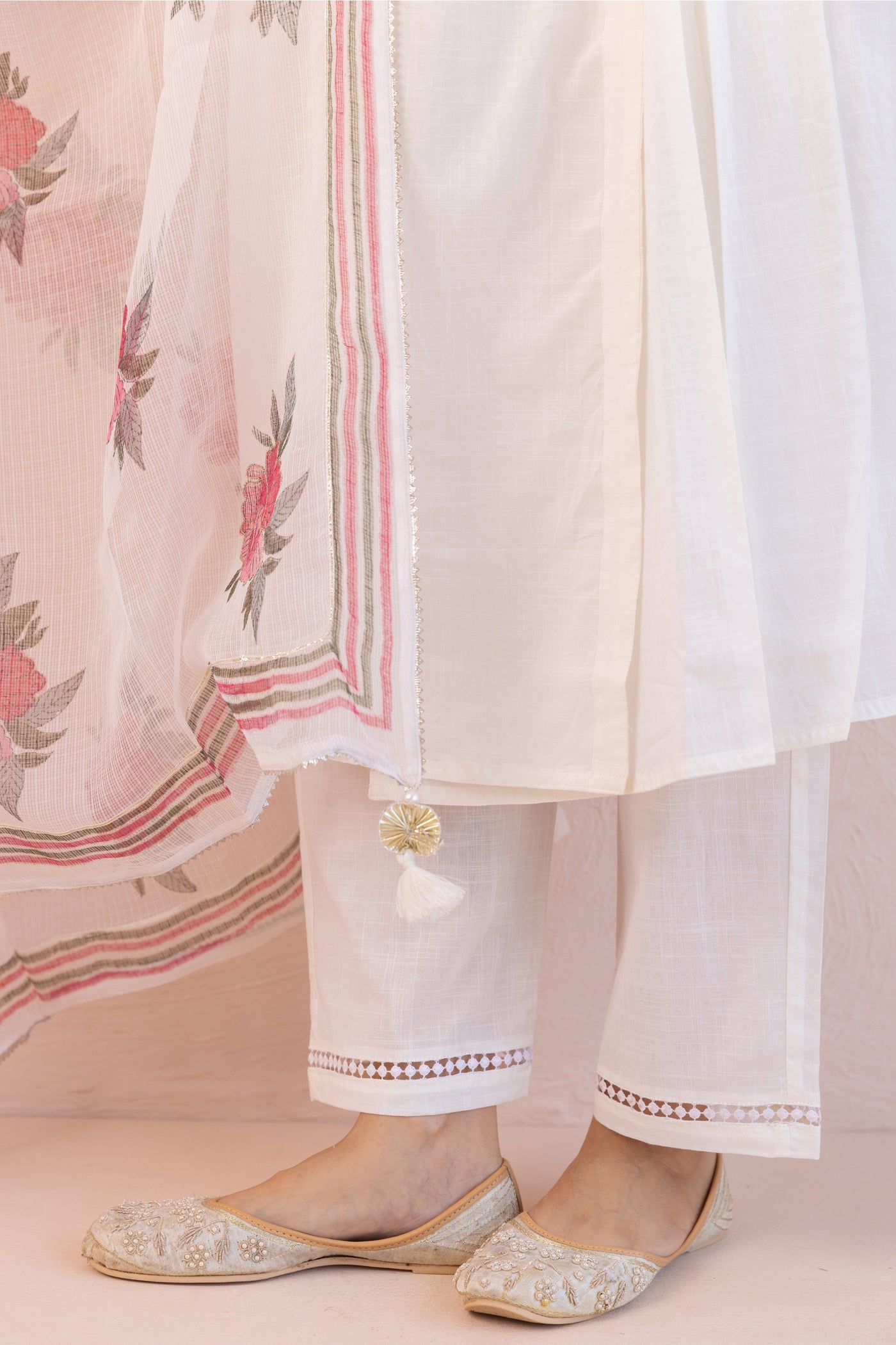 Cotton Slub Plain Dye Angrakha Kurta Set in Ivory