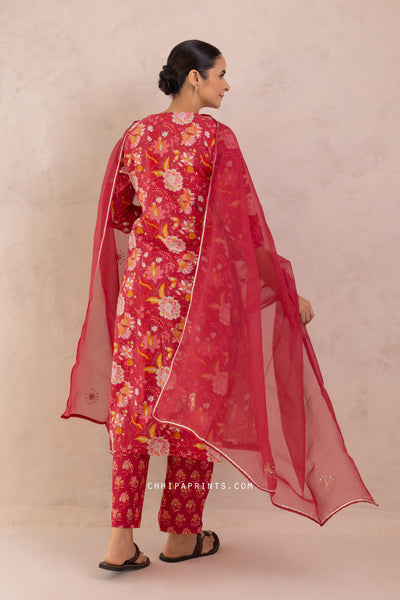 Cotton Mughal Jaal Print Kurta Set in Goji Berry Red