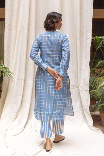 Cotton Checks Print Kurta & Stripe Pants Co Ord Set in Baby Blue