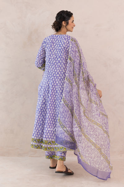 Cotton Block Print Gud Buti Anarkali Kurta Set in Lilac