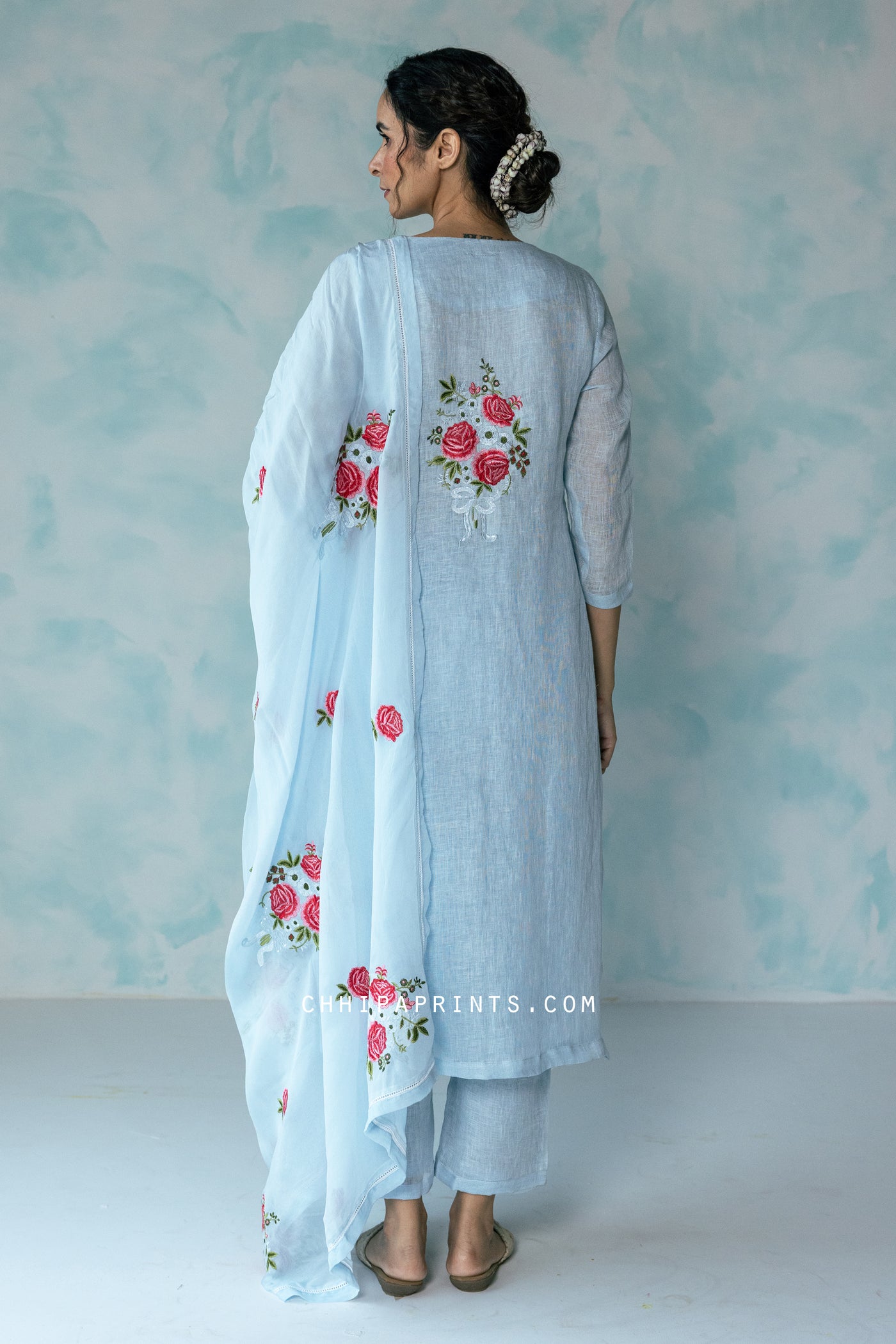 Linen Rose Buta Motif Embroidery Kurta Set in Powder Blue