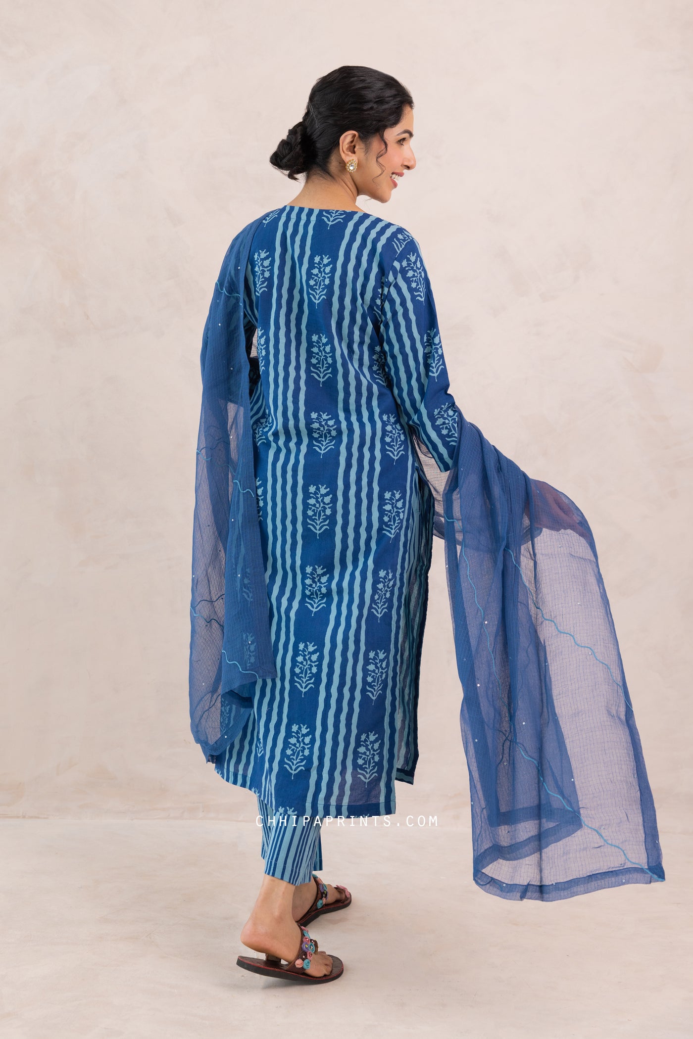 Cotton Buta Stripe Panel Print Kuta Set in Shades of Blue