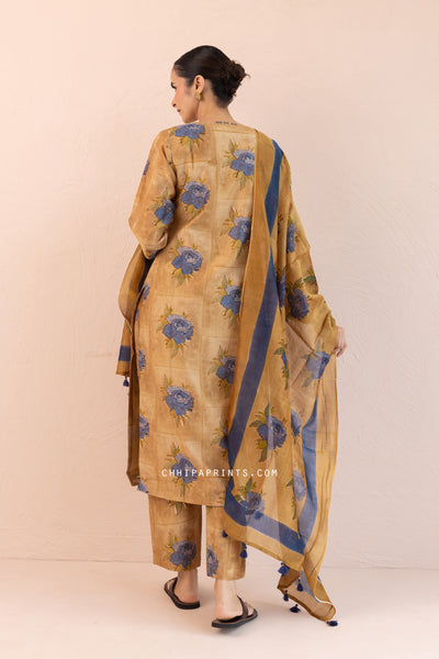 Chanderi Silk Block Print Gud Buta Kurta Set in Bronze Mist