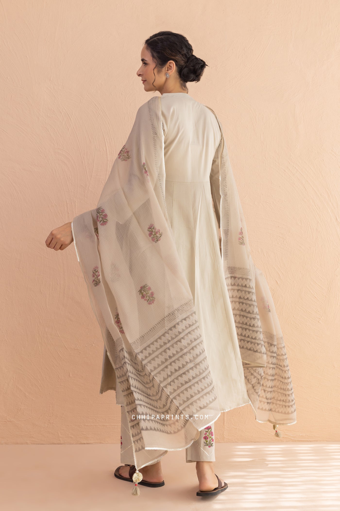 Cotton Block Print Matka Anarkali Kurta Set in Mushroom