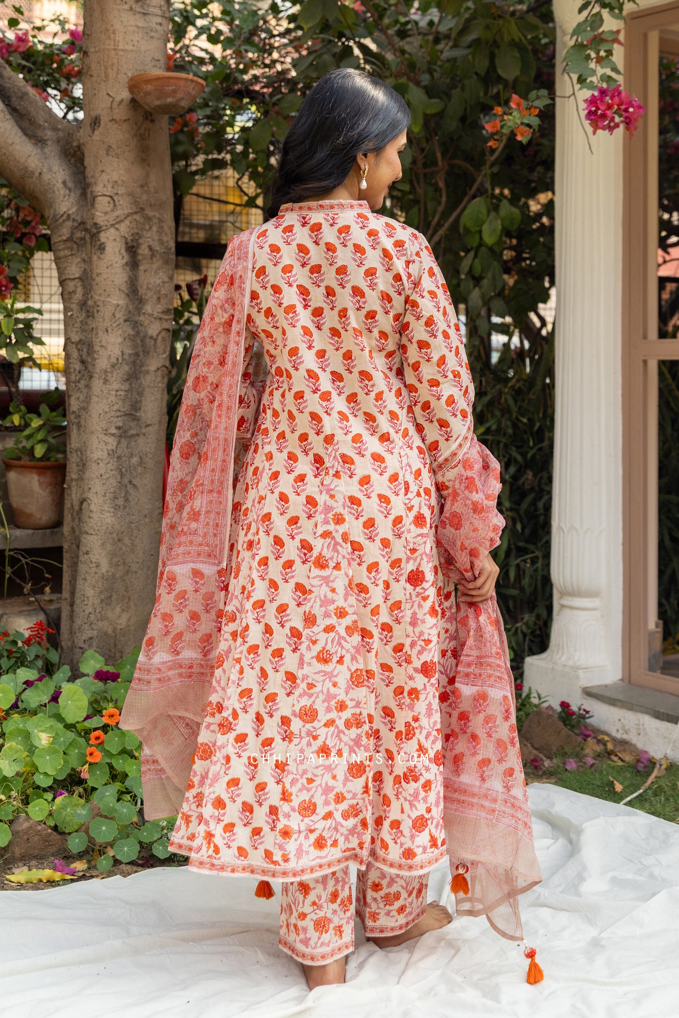 Cotton Block Print Buti & Jaal Kalidar Kurta Set in Shades of Pink & Orange
