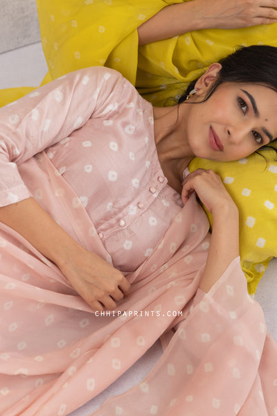 COTTON SILK BANDHANI KURTA SET IN ROSE QUARTZ