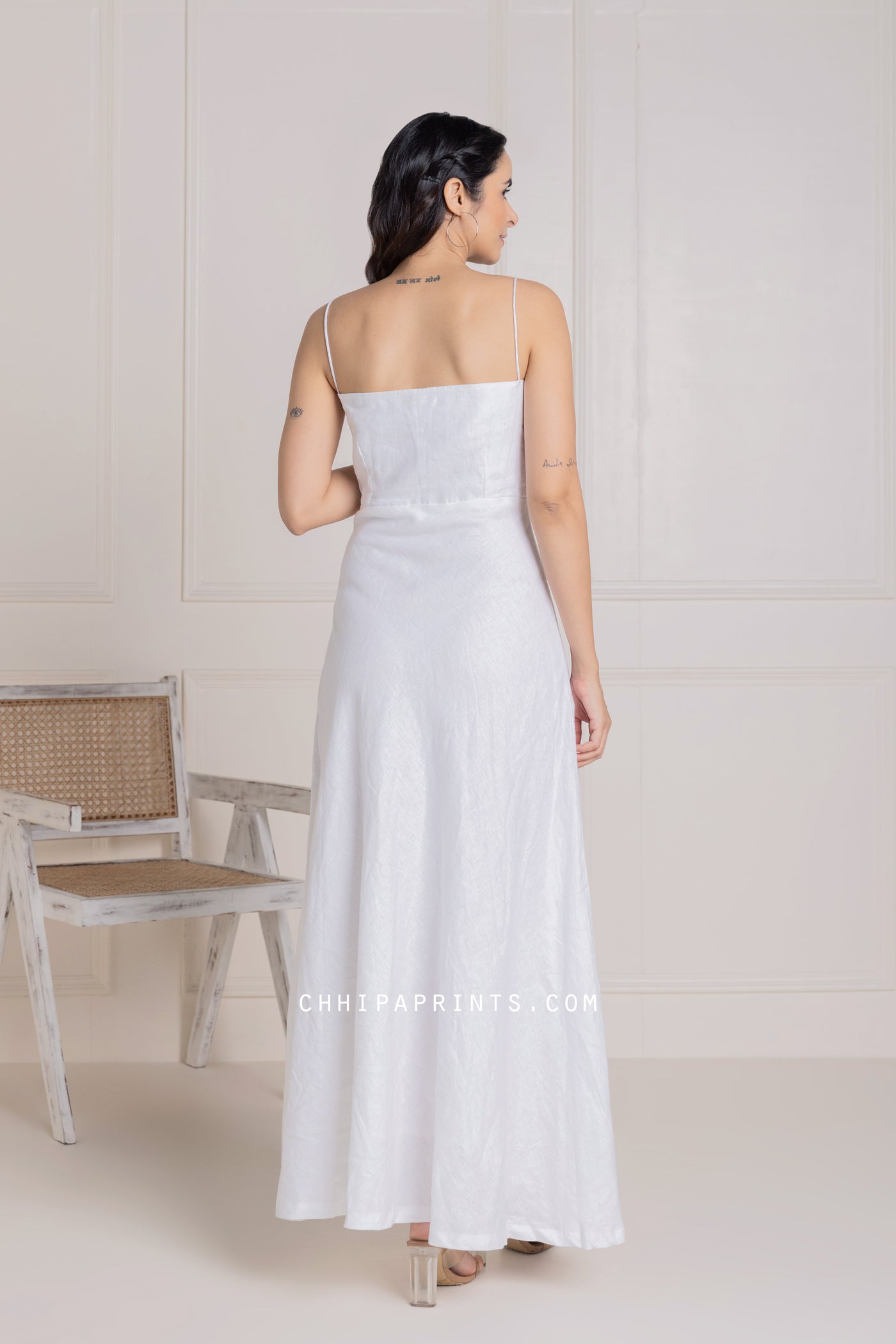 Pure Linen Sleeveless Long Dress in Solid White