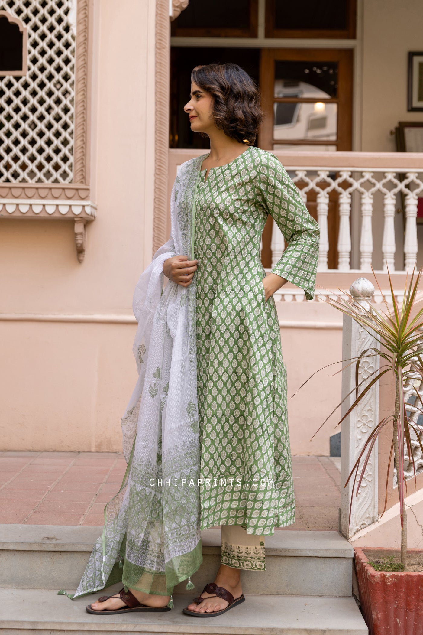 Cotton Block Print Gud Buti Kurta Set in Forest Green