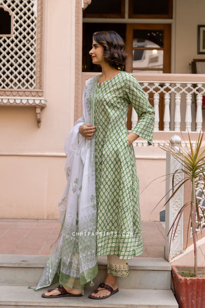 Cotton Block Print Gud Buti Kurta Set in Forest Green