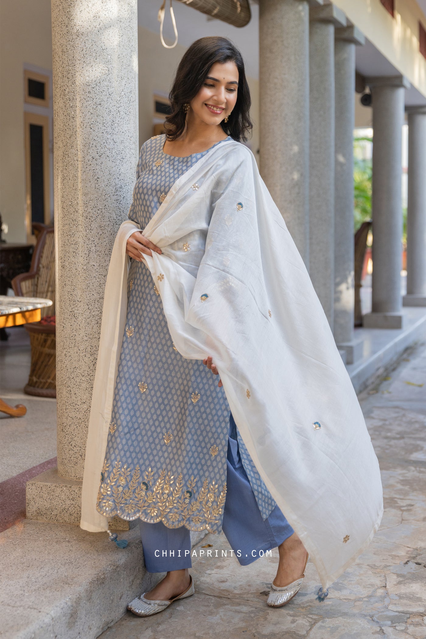 Chanderi Silk Mahin Buti Hand Embroidered Kurta Set in Powder Blue