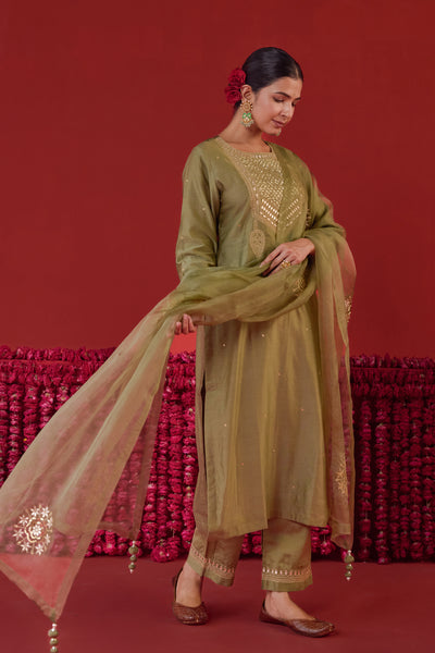 Chanderi Silk Aari Embroidery & Gota Patti Kurta Set in Sage Green
