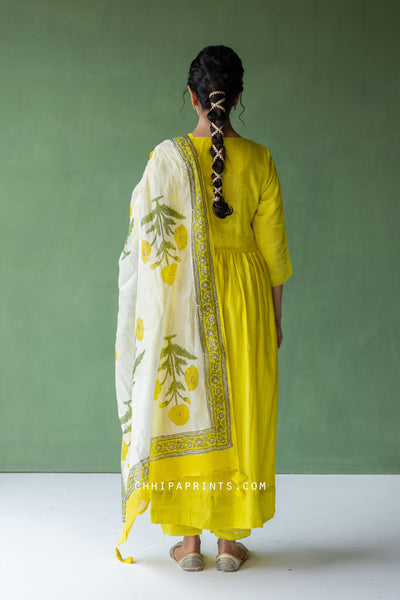 Chanderi Silk Plain Dye Gather Kurta Set in Solar Power Yellow