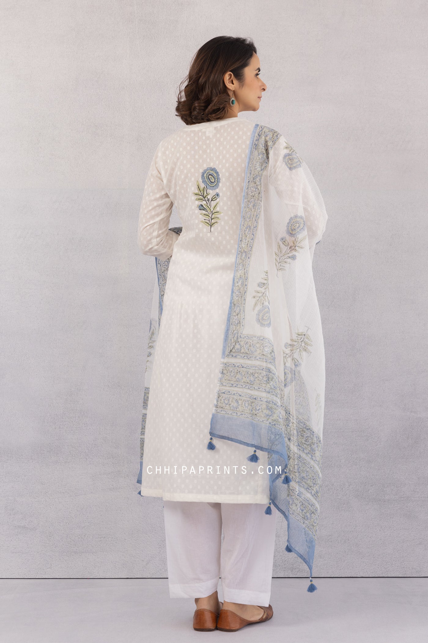 Cotton Dobby Block Print Boota Kurta Set in Powder Blue