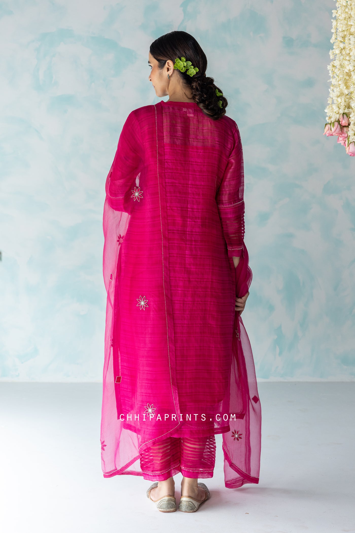 Chanderi SIlk Checks Hand Embroidered Kurta Set in Rani Pink