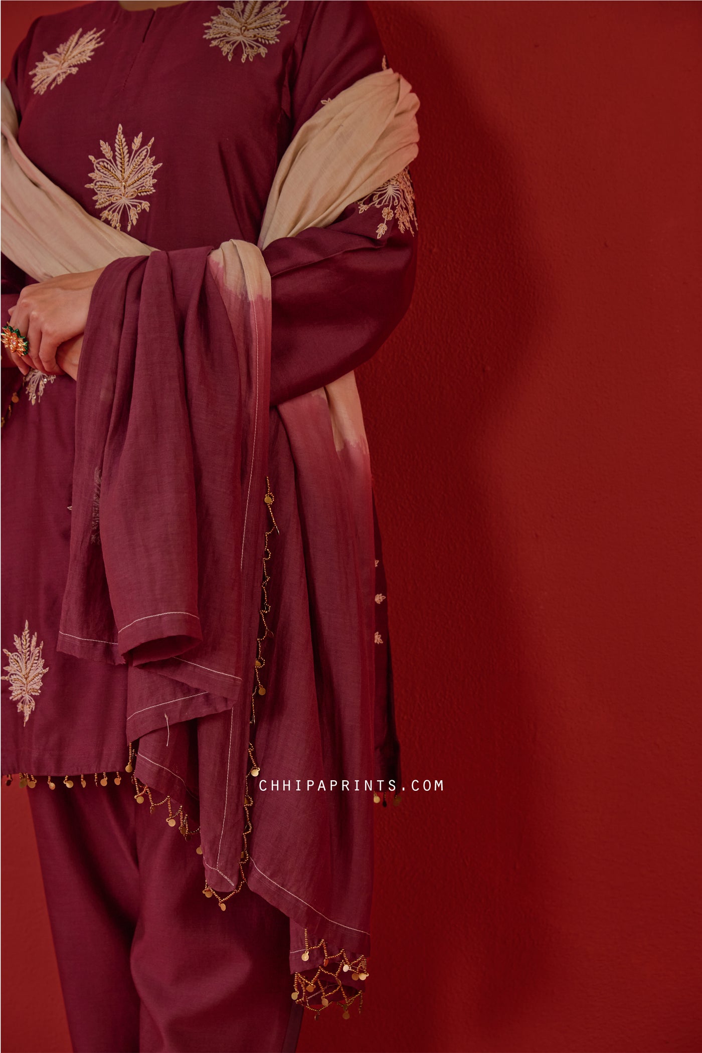 Chanderi Silk Hand Aari Embroidery Kurta Set in Burgundy