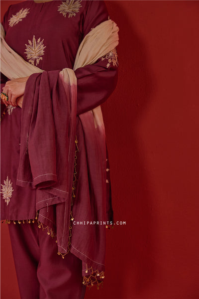 Chanderi Silk Hand Aari Embroidery Kurta Set in Burgundy