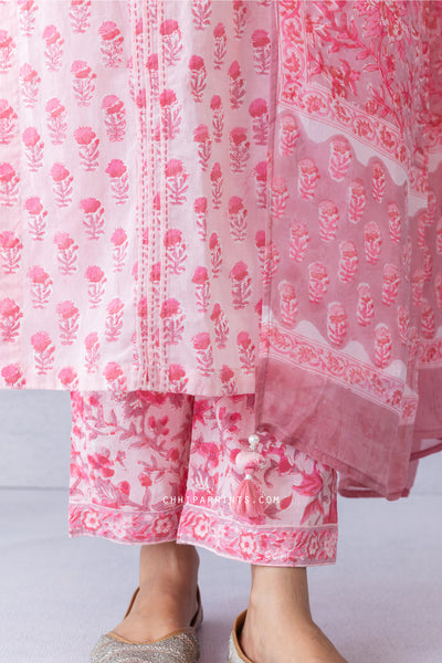 Cotton Block Print Gud Buti Kurta Set in Baby Pink