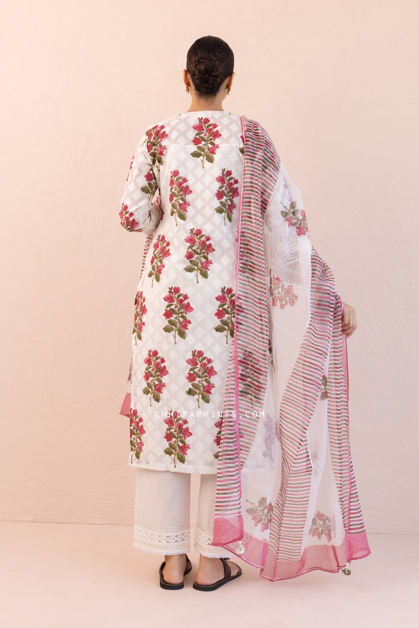 Chanderi Silk Dobby Block Print Chintz Kurta Set in Berry Red