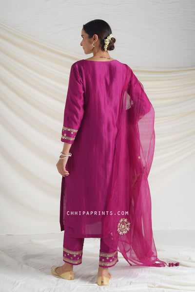 Chanderi Silk Hand Embroidery Suit Set in Purple Wine