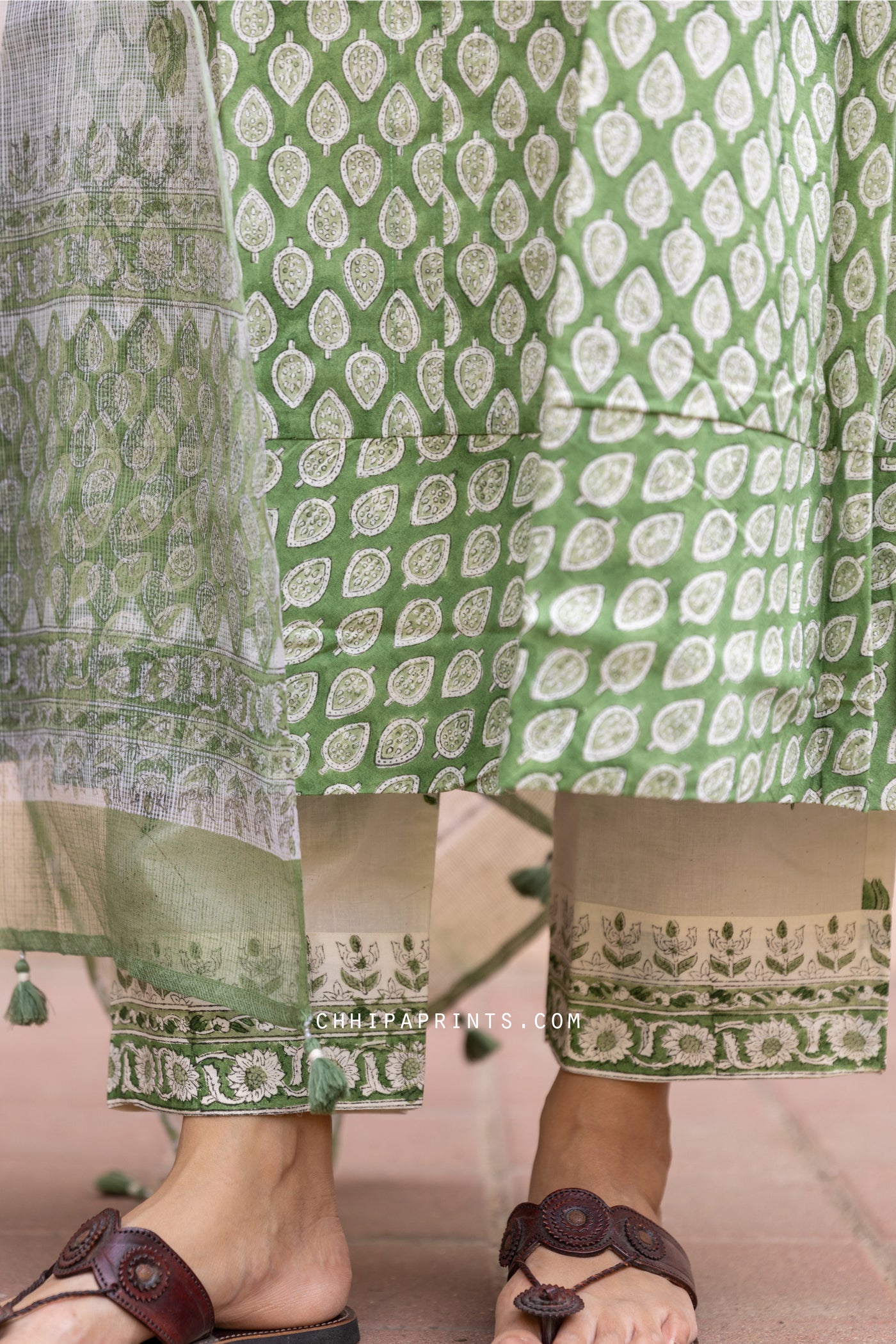 Cotton Block Print Gud Buti Kurta Set in Forest Green