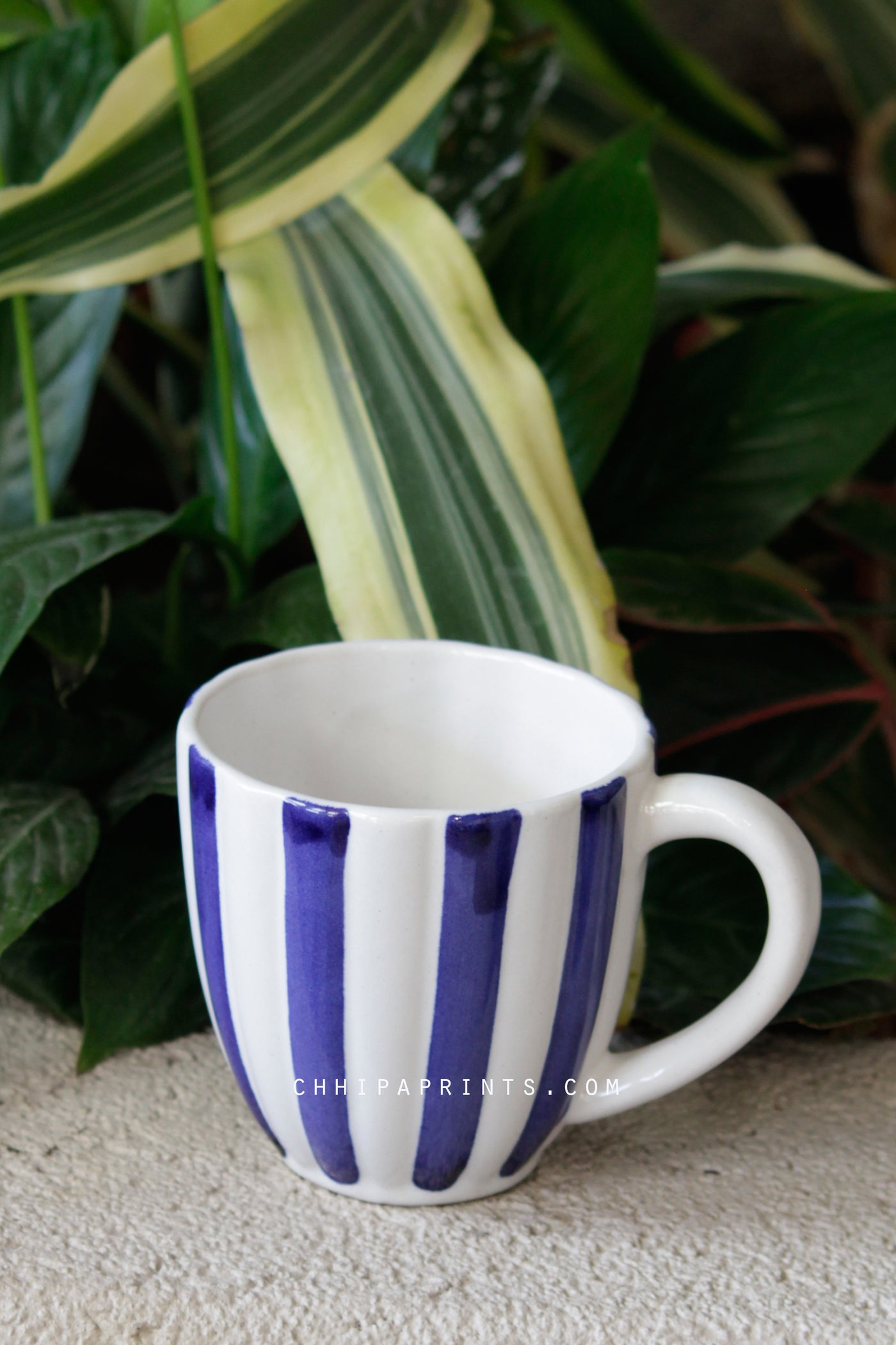 CERAMIC STONEWARE STRIPES COFFEE MUG IN BLUE