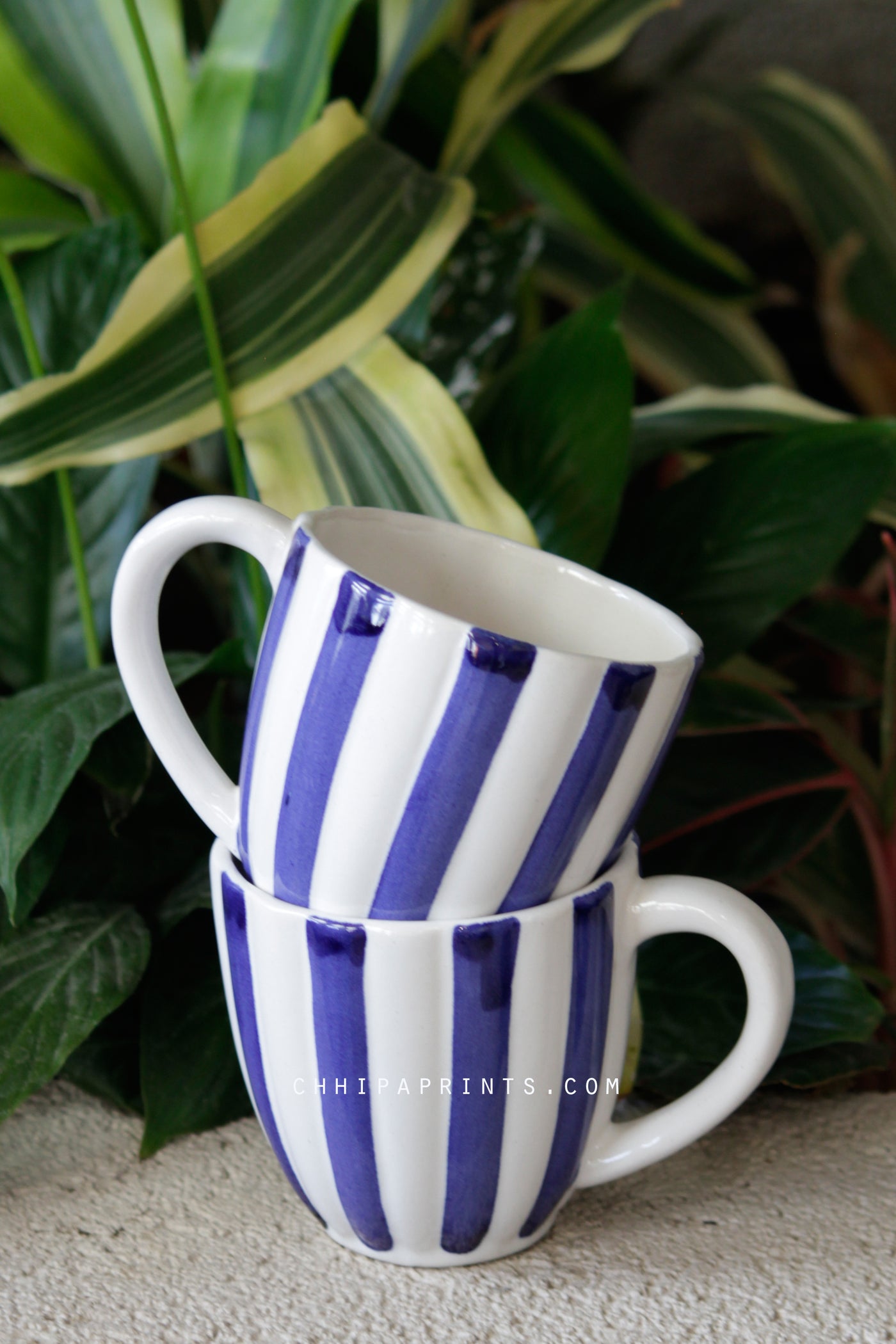 CERAMIC STONEWARE STRIPES COFFEE MUG IN BLUE