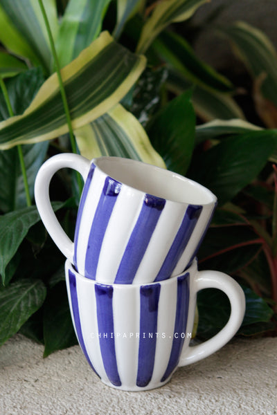 CERAMIC STONEWARE STRIPES COFFEE MUG IN BLUE