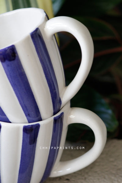 CERAMIC STONEWARE STRIPES COFFEE MUG IN BLUE