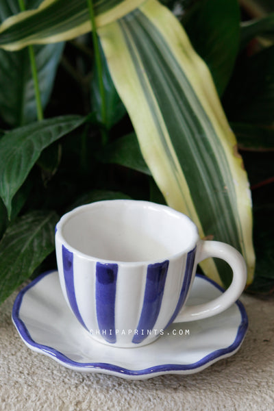 CERAMIC STONEWARE STRIPES TEA CUP & SAUCER PLATE IN BLUE (SET OF 4)