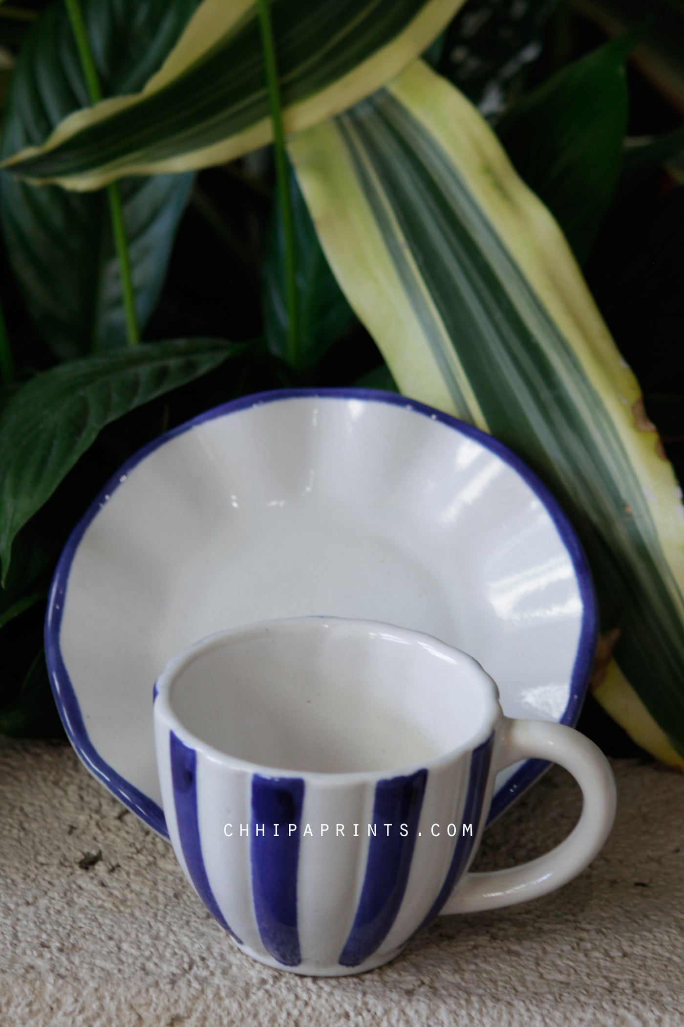 CERAMIC STONEWARE STRIPES TEA CUP & SAUCER PLATE IN BLUE (SET OF 4)