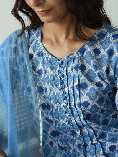 Cotton Buti Print Suit Set in Shades of blue and Grey
